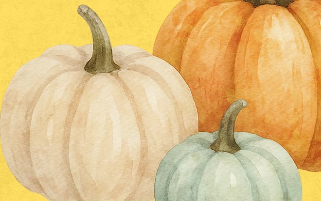 Watercolor illustration of a white, an orange and a pale green pumpkin
