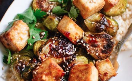 Honey Glazed Roasted Brussels Sprouts & Tofu