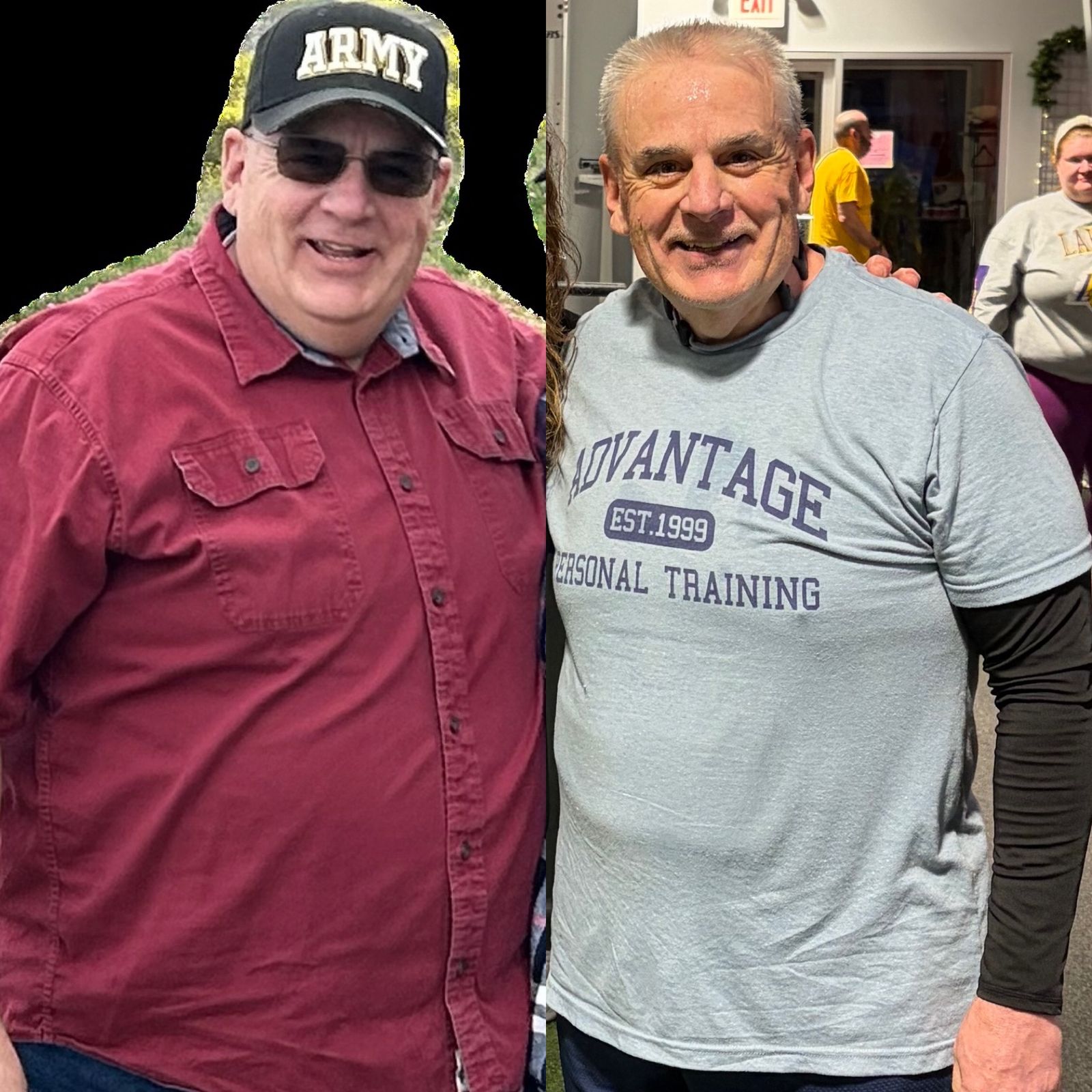 John before, in a red shirt and cap, and after, in a grey Advantage T-shirt